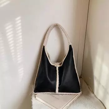 Трендовая дизайнерская сумка-ведро из овечьей шерсти через плечо Женские сумки и кошелек Зимняя женская кожаная сумка-тоут под мышкой 35x11x38cm чёрный