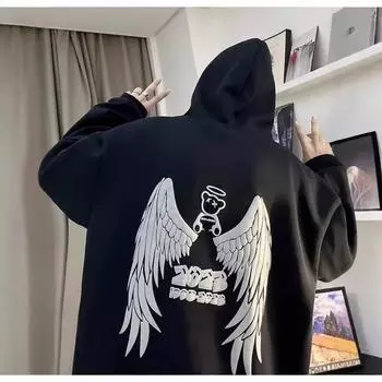 Трендовая европейская и американская персонализированная толстовка с капюшоном для мужчин, осень и зима, трендовая брендовая парная бархатная утолщенная куртка с принтом S чёрный