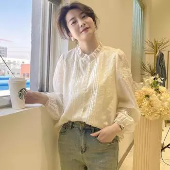 Трендовая французская блузка с длинным рукавом женская весна лето повседневная свободная рубашка маленькая модная блузка M абрикосовый