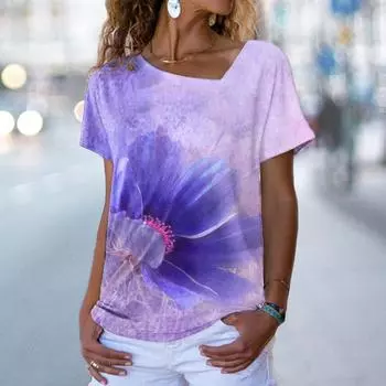 Трендовая футболка с цифровой печатью для женщин Модная женская футболка с диагональным воротником S