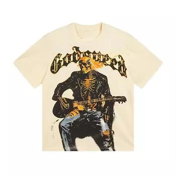 Трендовая летняя футболка Rock Street 2025 года унисекс в стиле ретро с принтом черепа и фортепиано, свободная футболка из хлопка для пары S абрикосовый