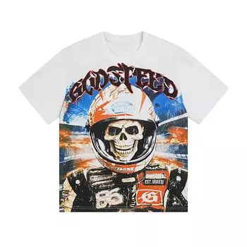 Трендовая летняя футболка Rock Street 2025 года унисекс в стиле ретро с принтом черепа инопланетянина из хлопка для пары S белый