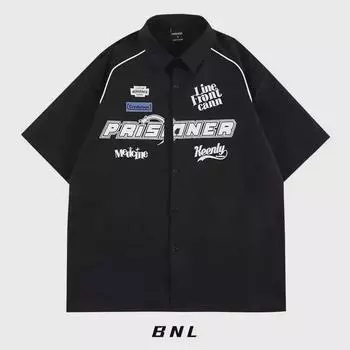 Трендовая летняя куртка-рубашка унисекс в стиле ретро-стрит - короткий рукав, свободный крой, высококачественный дизайн чёрный