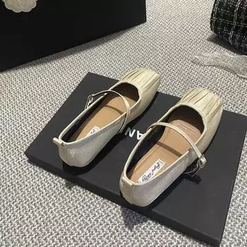 трендовая мода 2024 года, дизайнерская женская обувь Мэри Джейн, модная женская обувь на плоской подошве с квадратным носком, модельные балетки на мягкой подошве на плоской подошве Size 35(foot 22.5cm) бежевый