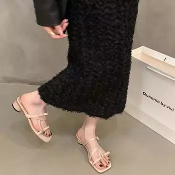 трендовая мода 2024, летние женские тапочки, модные шлепанцы на низком каблуке с квадратным носком и узлом-бабочкой, женские уличные сандалии без шнуровки Size 35(foot 22.5cm) розовый