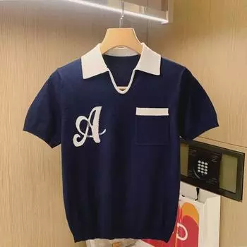 Трендовая мужская трикотажная рубашка-поло с цветными блоками и V-образным вырезом — европейский и американский стиль Large темно-синий