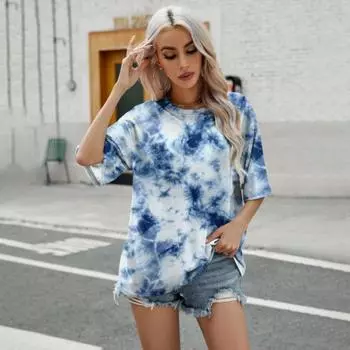 Трендовая новая футболка, модная красочная футболка с принтом в технике тай-дай, свободная женская футболка с круглым вырезом, простая футболка S