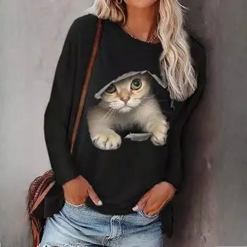Трендовая осенне-зимняя модная женская футболка с круглым вырезом и длинными рукавами с принтом кота S чёрный