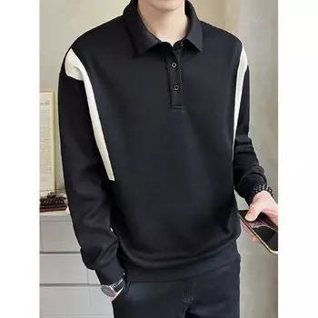 Трендовая рубашка-поло с длинными рукавами в стиле Гонконга с цветными блоками для мужчин, модная и универсальная, свободная толстовка в стиле ретро с застежкой на половину пуговиц M чёрный