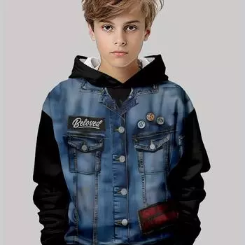 Трендовая толстовка с капюшоном с 3D-принтом для мальчиков — длинный рукав, повседневный свитер для осени/зимы, эластичная ткань, можно стирать в стиральной машине 100