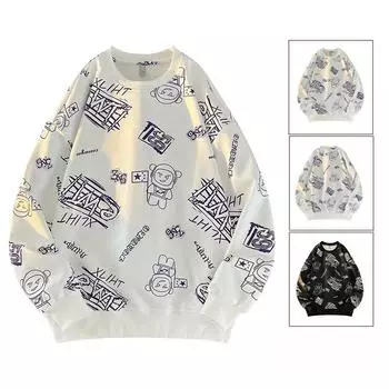 Трендовая толстовка с круглым вырезом и граффити для мужчин, осенняя свободная студенческая куртка с длинными рукавами, трендовые парные топы M