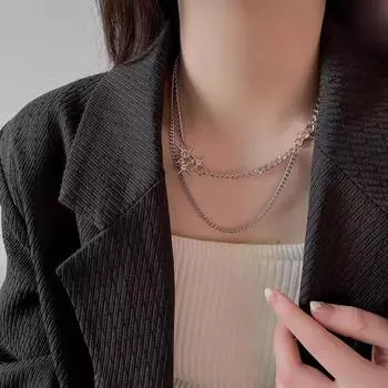 Трендовое двухслойное ожерелье из циркония для женщин — обязательная цепочка на ключицу 2025 года null