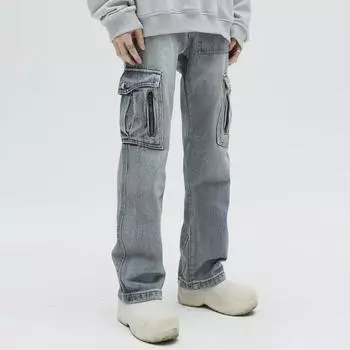 Трендовые американские ретро-джинсы унисекс — свободные прямые, стираные и потертые L синий