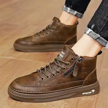 трендовые ботильоны, мужские байкерские ботинки, зимняя повседневная хлопковая обувь плюс бархатная теплая обувь с круглым носком, высокое качество, нескользящая водонепроницаемая уличная обувь 39 коричневый