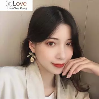 Трендовые корейские асимметричные зеленые ленточные серьги-клипсы в виде птичьей клетки для женщин и девушек с длинными искусственными жемчужинами в виде птицы и кисточками