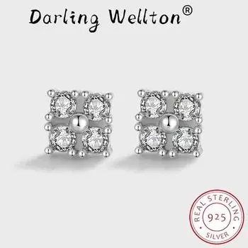 Трендовые квадратные цилиндры с четырьмя круглыми бриллиантами и кристаллами, серьги-гвоздики для женщин, оригинальные серьги-гвоздики из стерлингового серебра с четырьмя зубцами, подарочные ювелирные изделия белый