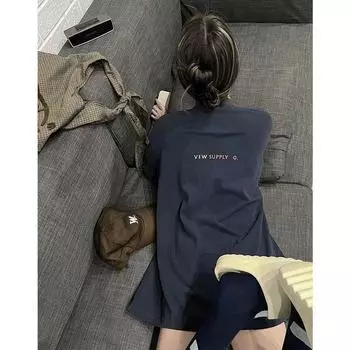 Трендовые летние топы Ins Футболка длиной до бедра с коротким рукавом Navy blue 2XL