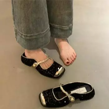 трендовые модные летние женские тапочки с блестками, модные элегантные слипоны, мулы-шлёпанцы, женская удобная обувь, сандалии на низком каблуке Size 35(foot 22.5cm) розовый