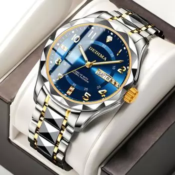 Трендовые мужские часы из нержавеющей стали с синим цифровым двойным календарем и бриллиантами, водонепроницаемые, светящиеся кварцевые деловые часы серебряный