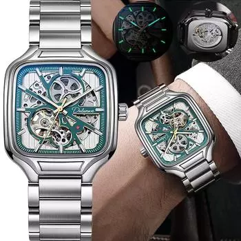 Трендовые серебряные часы с квадратным циферблатом из нержавеющей стали, роскошные механические часы с полым скелетоном, водонепроницаемые мужские подарки Reloj Automtico зелёный