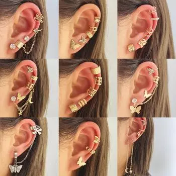 Трендовые ушные манжеты с золотыми листьями, непирсинговые зажимы для ушей, серьги-пусеты из искусственного хряща, серьги-гвоздики для женщин, модные украшения