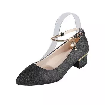 Трендовые женские туфли на массивном каблуке, весенняя свадебная обувь 2024, туфли-лодочки с острым носком, на среднем каблуке и пряжкой, элегантные сандалии 36 золотой