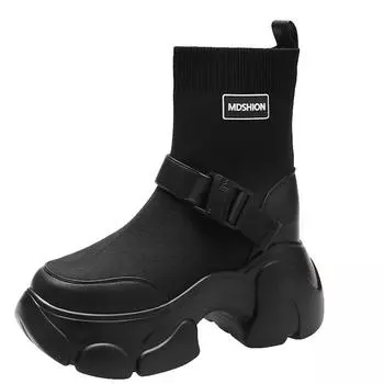 Трендовые женские туфли на платформе, средние каблуки, плетеные ботильоны челси, зимние новые модные платья 2024, вязаные готические дизайнерские женские ботинки 34 чёрный