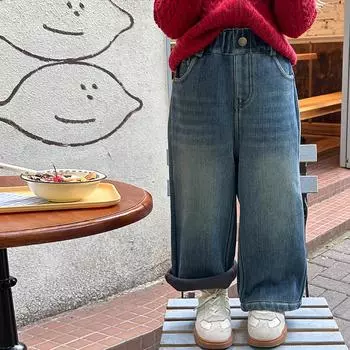 Трендовые зимние детские 2024 года Композитные теплые ретро-джинсы для девочек 120 синий