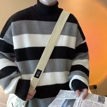 Трендовый американский уличный свитер Y2K, мужской осенне-зимний свитер в полоску с контрастным цветным воротником и полуворотником-водолазкой в стиле ретро M чёрный