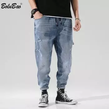 Трендовый бренд мужские прямые джинсы мужские потертые брюки длиной до щиколотки повседневные джинсы мужские XL светло-синий