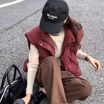 Трендовый бренд пуховый жилет женская верхняя одежда зимний легкий воротник-стойка с надписью жилет терможилет пуховая подкладка модная цена S бордовый