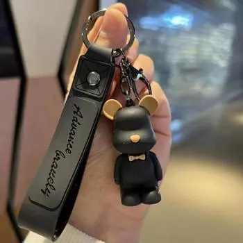 Трендовый милый ПВХ брелок-мишка с галстуком-бабочкой Кавайный мультяшный животный брелок Очаровательный подвес для сумки Держатель для ключей Кольцо для ключей для машины чёрный