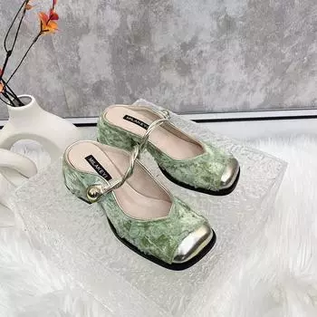 трендовый модельер, летние женские шлепанцы, модные элегантные шлепанцы без шнуровки на толстом каблуке, женские удобные сандалии с квадратным носком Size 35(foot 22.5cm) хаки