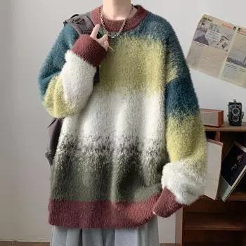 Трендовый мужской свитер контрактного цвета 2024 года, флисовый трикотажный свитер с круглым вырезом, топы для мужчин, зимний модный вязаный пуловер с длинным рукавом 2XL зелёный