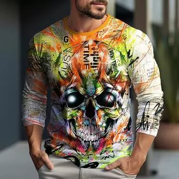 Трендовый мужской уличный стиль с принтом черепа, повседневный ретро-топ Harajuku Y2K для мужчин, футболка с длинным рукавом Fashihirton S
