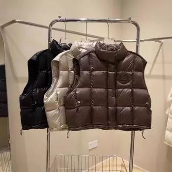 Трендовый пуховый жилет женский 2025 зима новая мода пэчворк свободный воротник-стойка тонкий теплый верхний жилет S