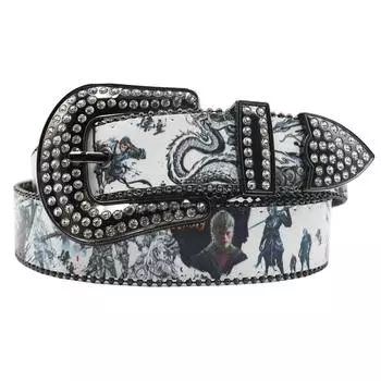 Трендовый ремень из искусственной кожи, американский оригинальный дизайн Yabi Y2K Wukong, мифический узор, стразы, печать, ремень 105cm синий