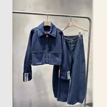 Трендовый синий костюм в европейско-американском стиле: Уникальная женская куртка и брюки из двух частей на весну и осень S