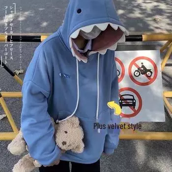 Трендовый свободный свитер-пуловер с принтом акулы для пары 2023 года Medium синий