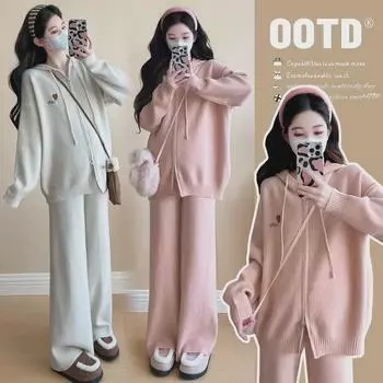 Трендовый трикотажный костюм-двойка для беременных 2024 года: Модная свободная одежда для мам на осень/зиму Extra Large