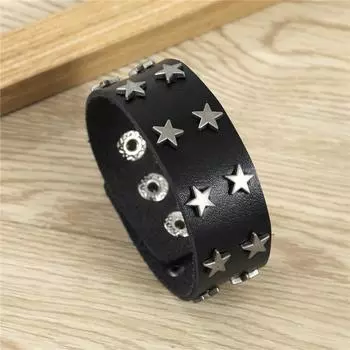 Трендовый винтажный черный звездный шипы кожаный браслет регулируемый размер ретро-розовый браслет для повседневной носки у мужчин чёрный