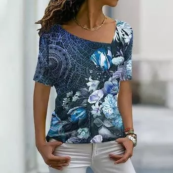 Trendy 3D T-shirt Flower Women s Slant Neck T-shirt Short Sleeve T-shirt S