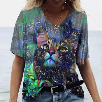 Trendy 3D T-shirt with Cartoon Cat Pattern Printed Women s T-shirt Short Sleeved 3D Printed Casual T-shirt S