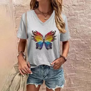 Модная и классная женская футболка с принтом в виде бабочек в стиле минимализма, классный и удобный летний повседневный топ с V-образным вырезом XXS