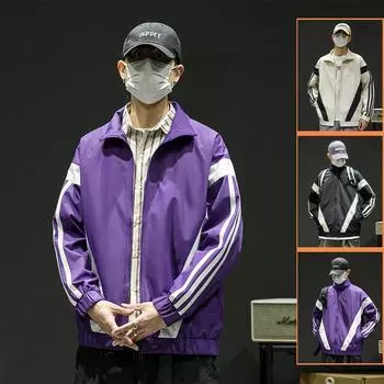 Trendy and Fashionable Stand-up Collar Contrasting Color Stitching Fashion Versatile Trendy Windproof Jacket Youth Tops M