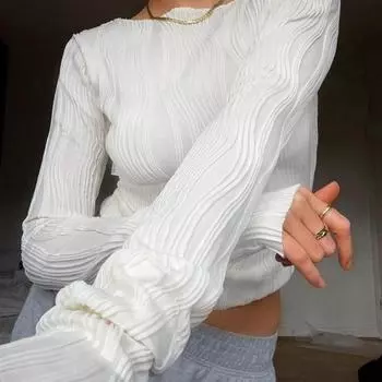 Модная облегающая блузка Легкая женская блузка с длинным рукавом Простая женская короткая блузка со сборками Эластичная ретро-уличная одежда XL чёрный