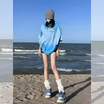 Trendy Bottom Missing Sky Blue Ins Short Sleeve T-Shirt Sky Blue M