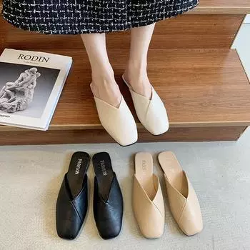 Trendy brand bag head slippers women s 2025 summer new outer wear low heels versatile square head large size sandals Korean version lazy half drag 34