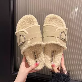 Trendy brand~ Belt buckle Mao Mao slippers women s 2024 autumn and winter new outer wear fashion home lazy one-word cotton slippers 35 бежевый
