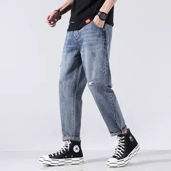 Trendy Brand Loose Fitting Jeans, Men s Personality, Pure Cotton, Trendy Harlan Pants, Spring and Autumn Blue, Torn Nine Piece Pants, Men 28